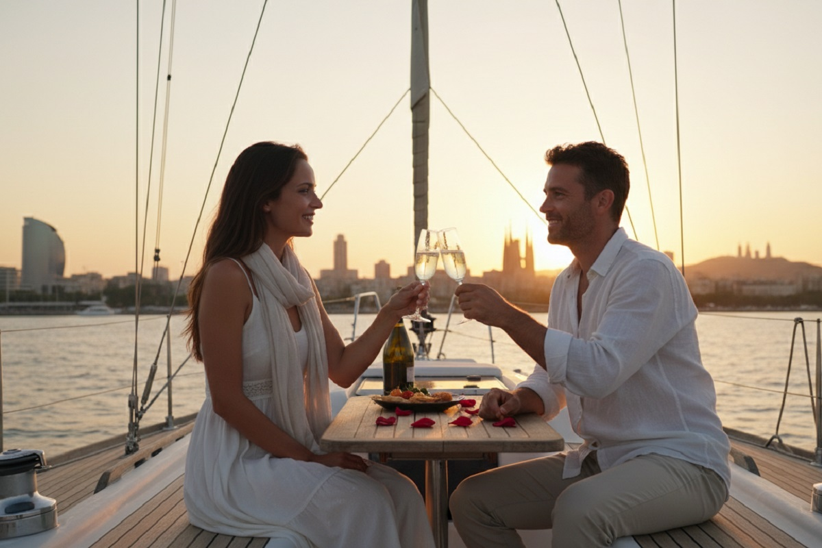 Romantic trip in Barcelona, couple in deck at sunset